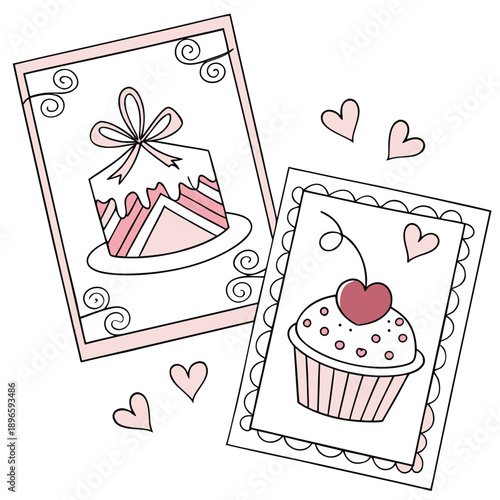 Set of girly coquette greeting cards for Valentine's Day. Hand drawn frames in whimsical lines by shape hearts, with bows and ribbons, cake in shape heart, sweet cherry. Poster, wedding invitation.