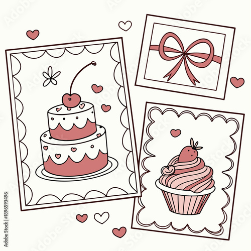 Set of girly coquette greeting cards for Valentine's Day. Hand drawn frames in whimsical lines by shape hearts, with bows and ribbons, cake in shape heart, sweet cherry. Poster, wedding invitation.
