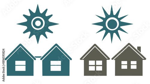 Illustration with two houses and sun icons in shades of teal and gray on white background