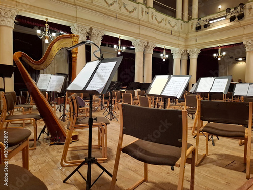 Photography Music score with notes in hall of the conservatory at classical music concert