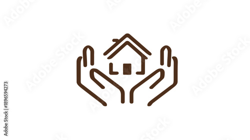 Brown outline image of house protected by hands on a white background