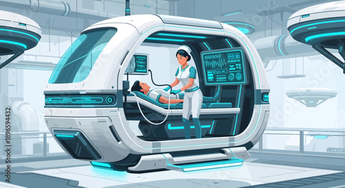 Futuristic Medical Pod with Healthcare Professional