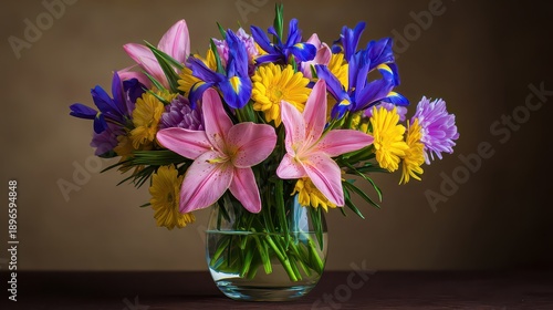 Wallpaper Mural Vibrant Floral Arrangement with Pink Lilies Blue Irises and Yellow Chrysanthemums in Glass Vase on Brown Background with Soft Lighting Torontodigital.ca