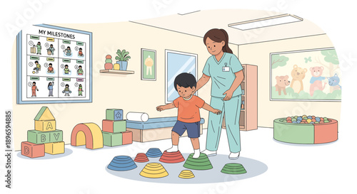 Toddler child learning balance and balance with therapist