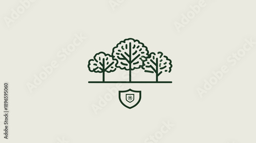 A minimalist icon featuring three stylized trees with foliage. A shield with a plant rests below