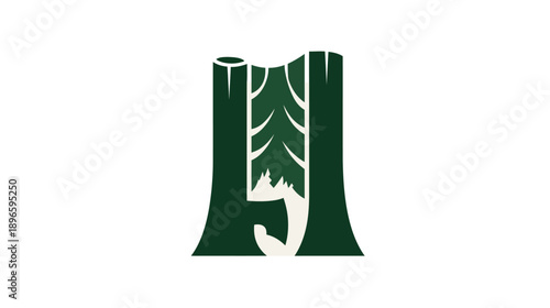 Forest-inspired graphic featuring tree trunks framing a conifer and mountain silhouettes