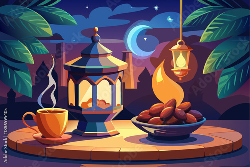 The warm glow of the traditional lantern lighting table with steamed tea and a bowl of dates creates a peaceful atmosphere in the evening of Ramadan, a cozy and spiritual night scene.