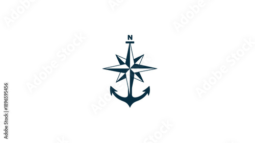 Stylized nautical emblem features a compass rose atop an anchor. Simple design. Navy blue on a white backdrop