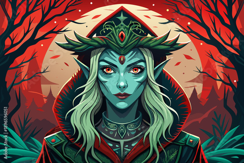 Mystical Forest Witch Character Portrait Fantasy Magic Gothic Retro Red Vintage Background Vector Illustration