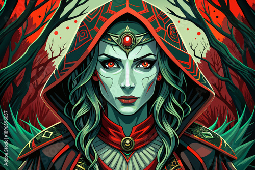 Mystical Forest Witch Character Portrait Fantasy Magic Gothic Retro Red Vintage Background Vector Illustration