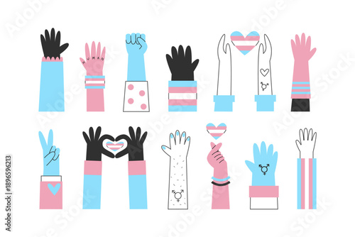 Diverse hands with transgender symbols and colors set. Trans, genderqueer, nonbinary awareness and visibility concept.  Minimal vector illustration.