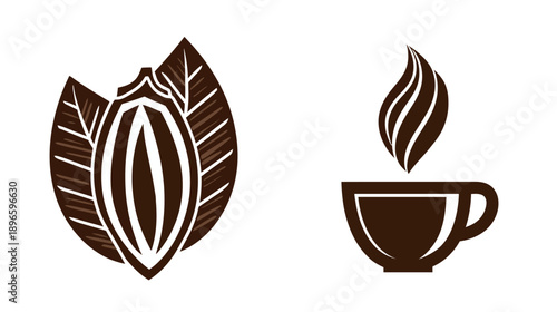 Illustration of a cocoa pod and leaves alongside a coffee cup with rising steam, brown tones