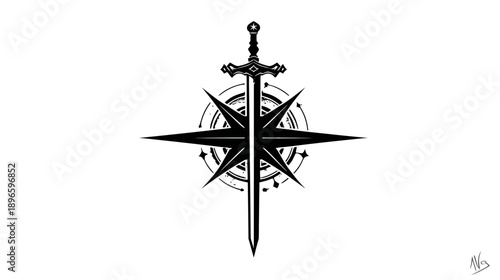 A stylized black and white illustration, featuring a sword intersecting a compass-like starburst shape