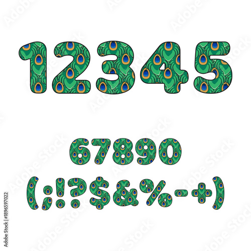 Numbers and symbols made from peacock feathers. Isolated vector objects on white background.