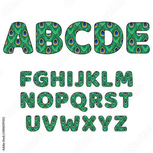 Font, alphabet made from peacock feathers. Isolated vector objects on white background.