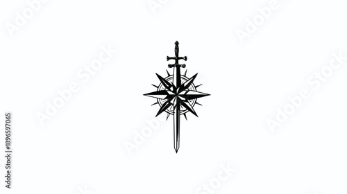 A stylized monochrome illustration depicts a compass rose bisected by a sword