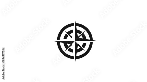 A simple, black compass rose graphic with a central, four-pointed star surrounded by a circle