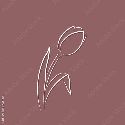 bent tulip art line, decorative element, square vector card with white flower on copper rose background