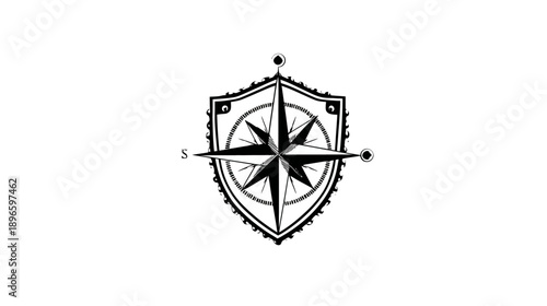 A black and white illustration of a compass rose emblem inside a decorative shield