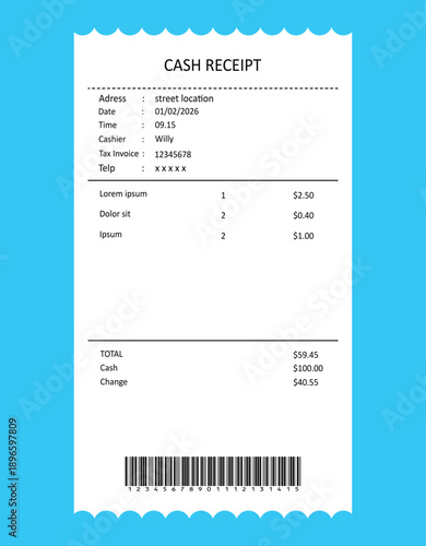Vector illustration template for cash receipts, store purchases, hotel bills, ATM checks, white paper cash checks with barcodes.