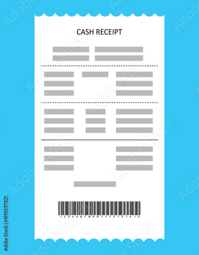Vector illustration template for cash receipts, store purchases, hotel bills, ATM checks, white paper cash checks with barcodes.