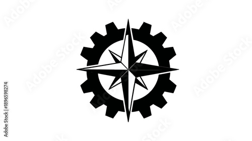 A black and white design features a star compass inside a gear shape