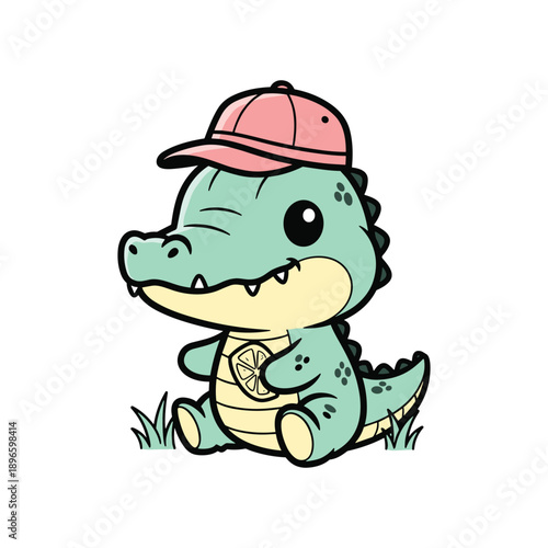 Cute cartoon green dinosaur wearing pink hat sitting in grassy field illustration