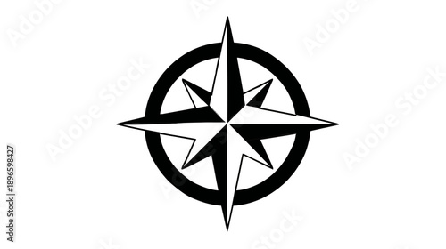 A simple black and white graphic depicting a stylized eight-pointed compass rose inside of a circle