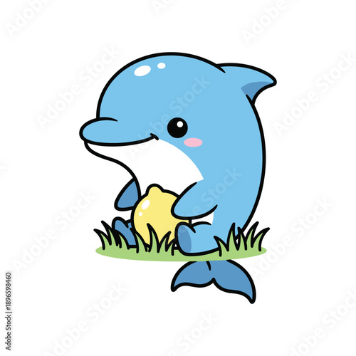Adorable Cartoon Dolphin Holding a Chick on Grassy Field Illustration