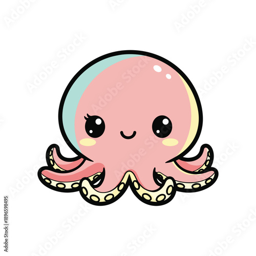 Cute Cartoon Octopus with Pink Body and Colorful Tentacles on White Background
