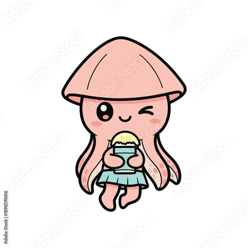Cute cartoon octopus eating banana with glasses happy underwater character mascot illustration