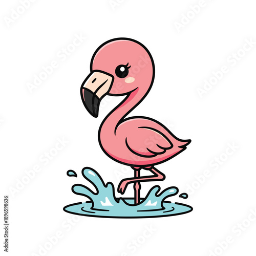 Cartoon pink flamingo splashing joyfully in water with playful waves and droplets