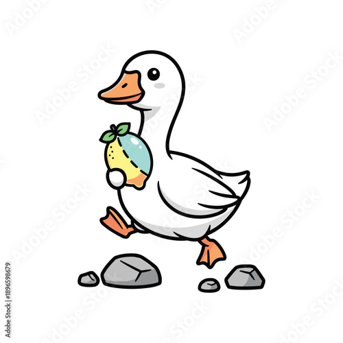 Cartoon Duck Holding Easter Egg Walking on Rocks
