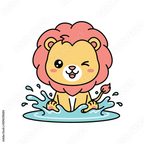 Cute cartoon lion cub splashing happily in water with playful bubbles and bright colors