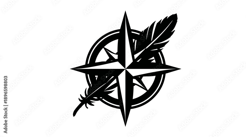 Fototapeta premium A black and white emblem featuring a compass rose, set within a circle, with feathers