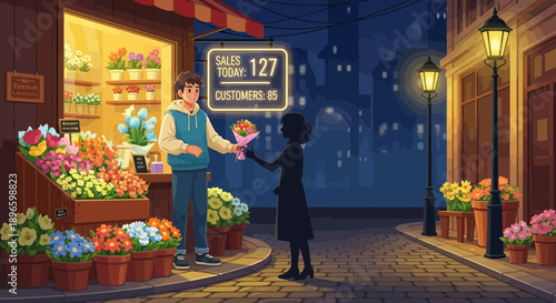 Couple buying flowers on a cobblestone street at night