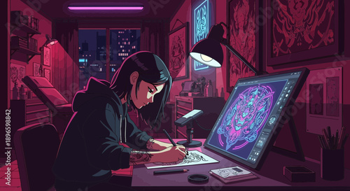 Creative woman working on digital art project at night