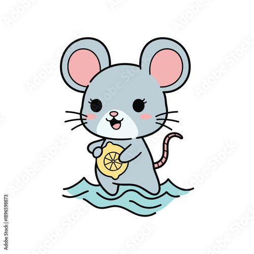 Adorable Cartoon Mouse Holding Lemon Slice in Water, Whimsical Illustration