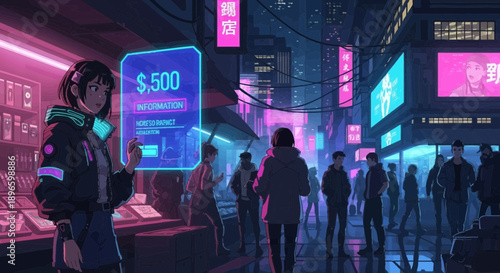 Futuristic city street with neon lights and people walking