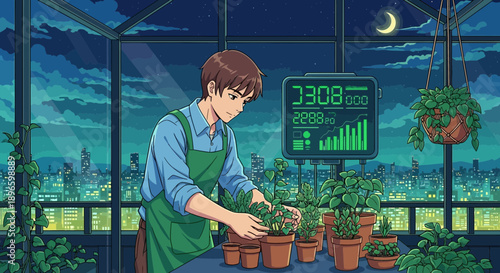Gardener tending to plants in a futuristic greenhouse at night