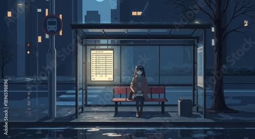 Lonely woman sitting at bus stop on rainy city street