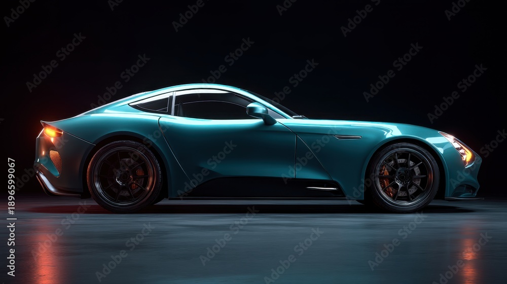 Fototapeta premium Sleek modern sports car with blue metallic finish on dark background.