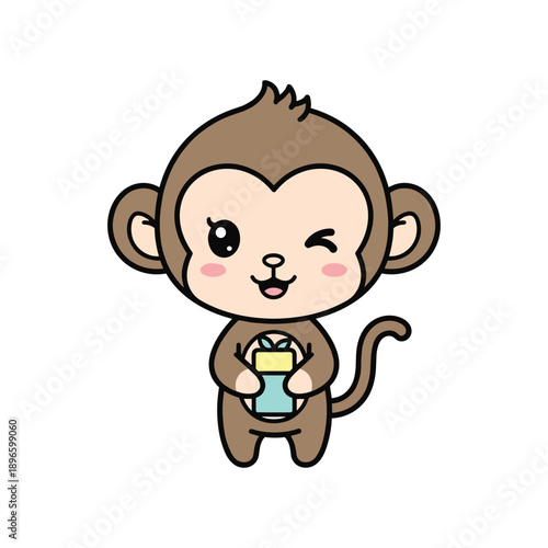 Cute cartoon baby monkey holding banana smiling happy isolated illustration animal mascot