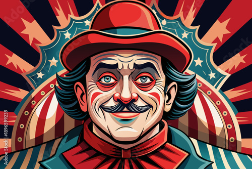 Vintage Circus Clown Character Portrait Theatrical Horror Carnival Retro Red Background Vector Illustration