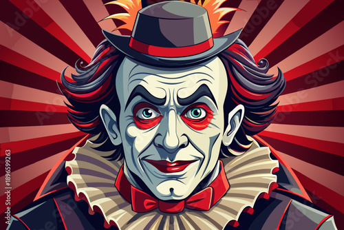 Vintage Circus Clown Character Portrait Theatrical Horror Carnival Retro Red Background Vector Illustration