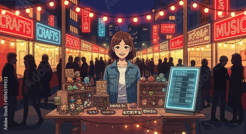 Woman selling crafts at a vibrant night market