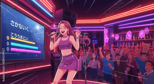 Woman singing on stage at karaoke party