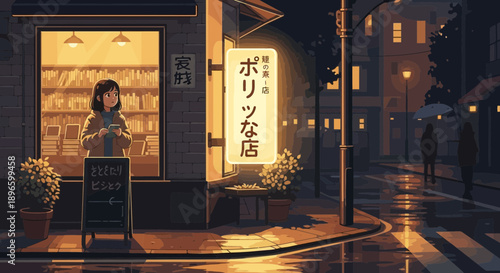 Woman standing outside a Japanese restaurant at night