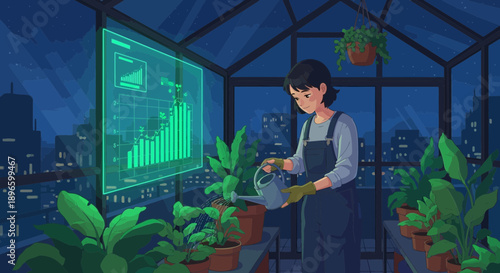 Woman Tending to Plants in a Greenhouse at Night