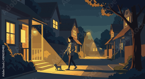 Woman walking dog on suburban street at night
